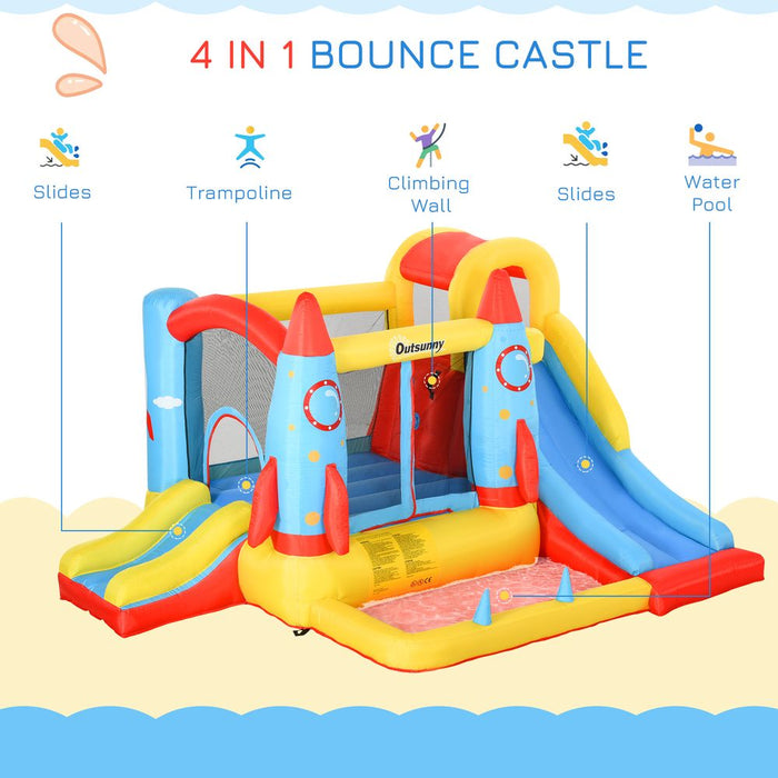 Outsunny Bouncy Castle Inflatable Bouncy Castles for Children Bounce House 3 in 1 w/Trampoline Slide Water Pool with Blower for Kids Age 3-8 Rocket Design 3.3 x 2.65 x 1.85m