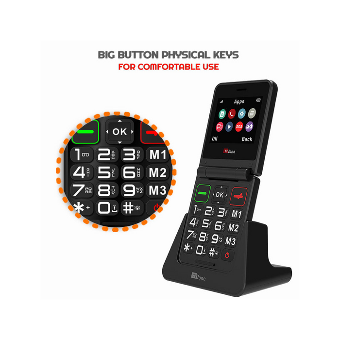 TTfone TT660 Flip Big Button Mobile - GiffGaff Pay As You Go SIM & USB C Dock Charger