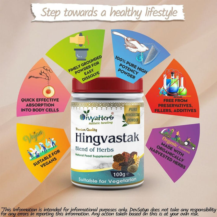 Hingvastak Powder - Ayurvedic Herbal Mix with 8 Ingredients, Asafoetida, Trikatu, Ajwain, Rock Salt, and More