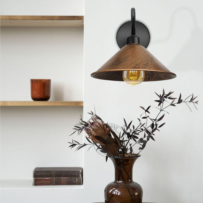 Brushed Copper Wall Light Fixture, Black Wall Sconce, Swan Neck Cone Shade - High Quality, Dimmable, Vintage Style