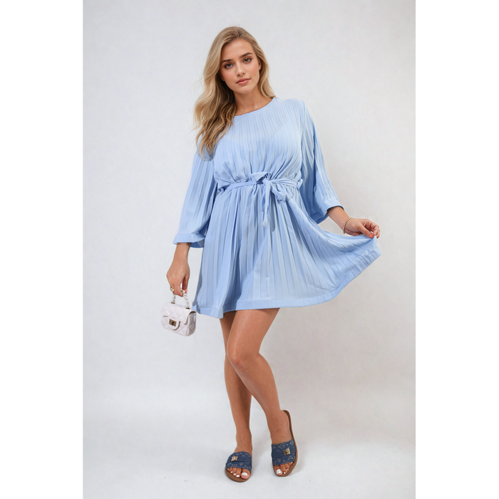 Pleated Tie Waist Mini Dress