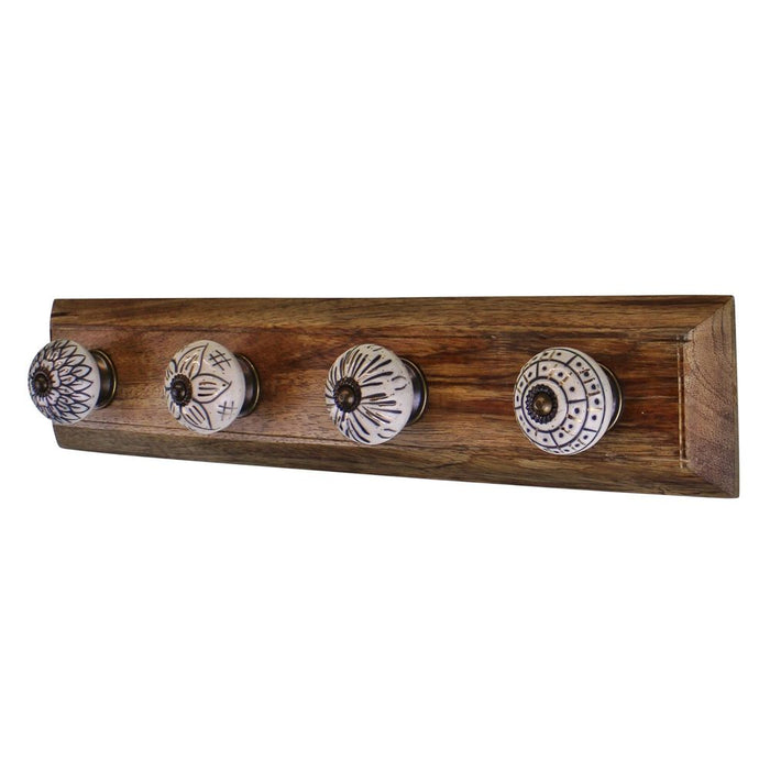 4 Ivory Ceramic Coat Hooks on Wood Base - Stylish, Durable, Easy to Install