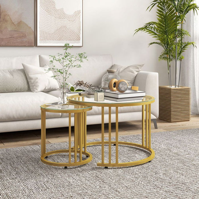 HOMCOM 2 Pieces Round Nesting Coffee Tables with Tempered Glass Top, Gold Tone