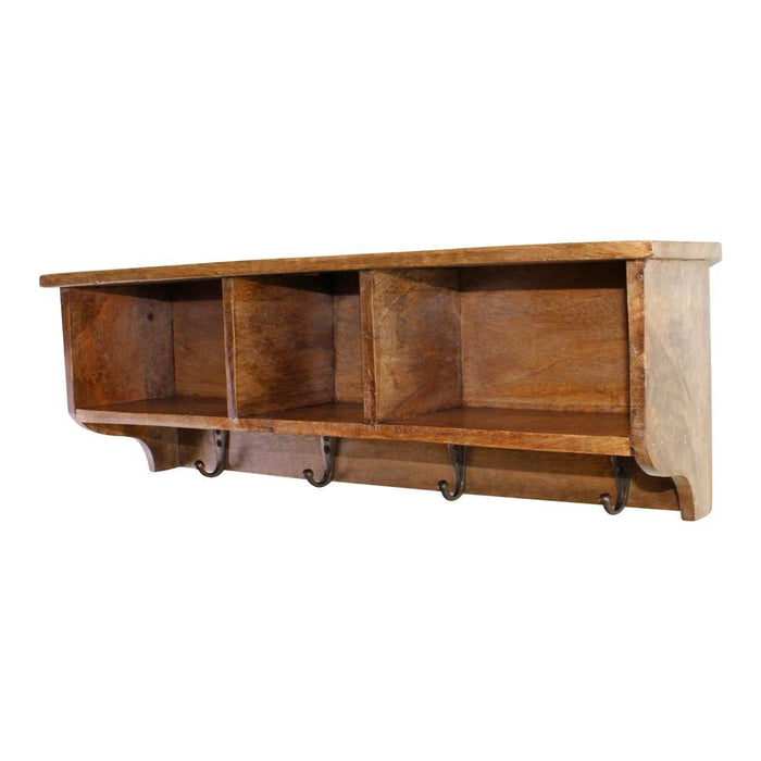 Rustic Mango Wood Shelf: Storage Slots & Hooks