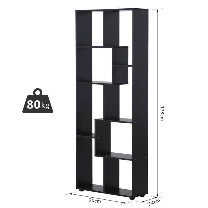 178cm 8-Shelf Bookcase Melamine Black Foot Pads | Multipurpose 8-Grid