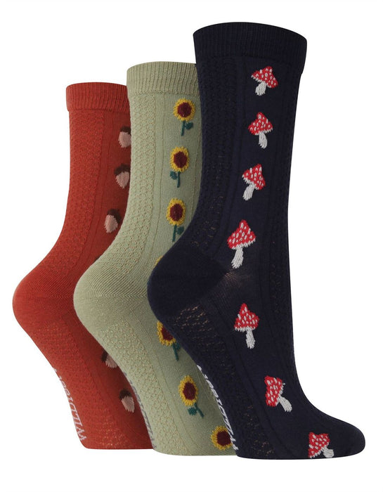 Wildfeet - Ladies 3 Pack Texture Knit Patterned Socks