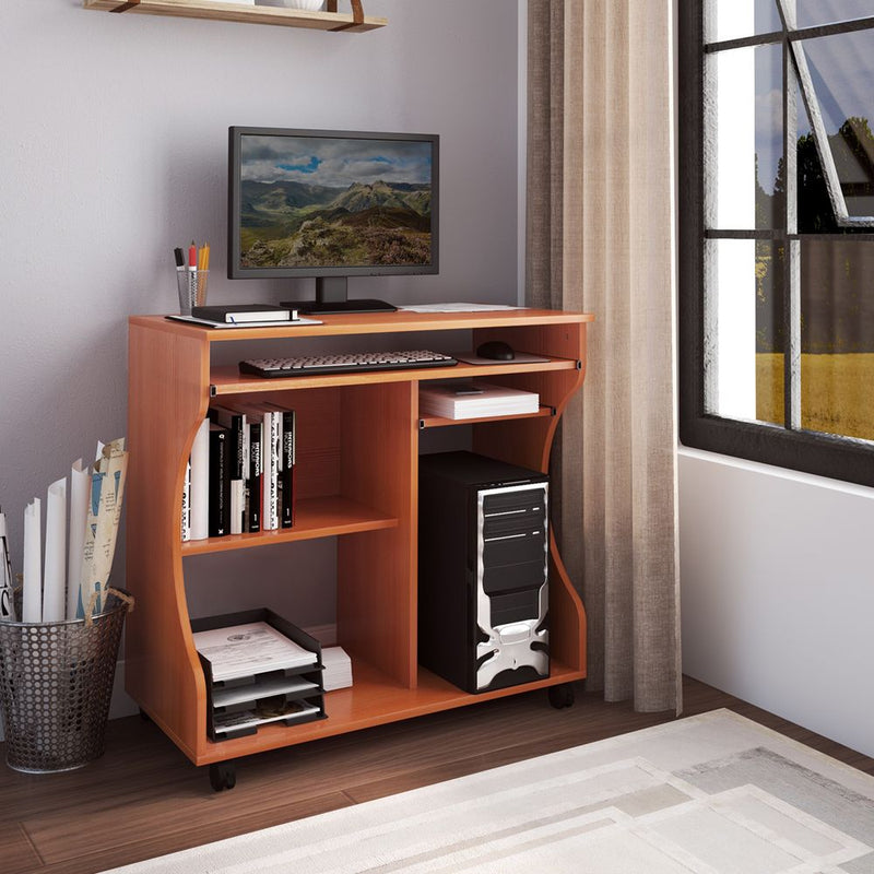 Portable Computer Desk with Storage Shelf | Wheels | Cherry Wood