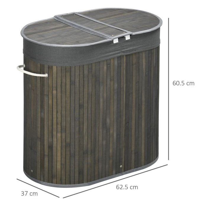 100L Bamboo Laundry Basket w/ 2 Compartments Washing Baskets Grey HOMCOM