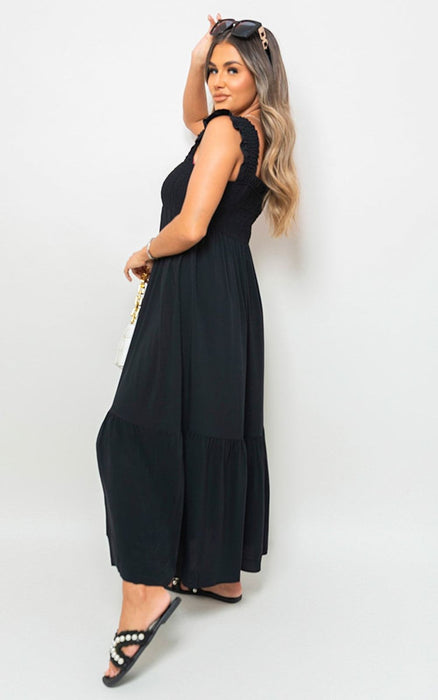 Wide Ruffle Strap Smocked Midi Dress