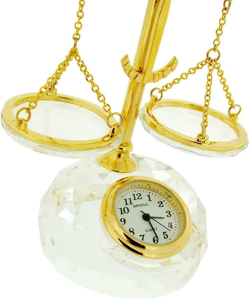 Stunning Gold Plated Miniature Clock - Crystal Balance Scales - Clearance Sale!