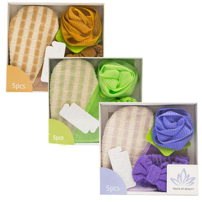 Bath Shower Set: Body Puff, Hand Sponge, Headband, Toe Separators - High Quality & Ideal Gift!