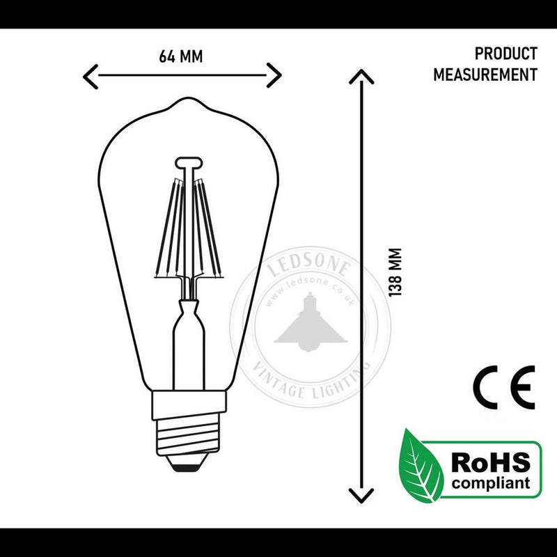 5 Pack E27 LED Edison Dimmable Vintage Amber Glass Warm white 2700K Light Bulb,