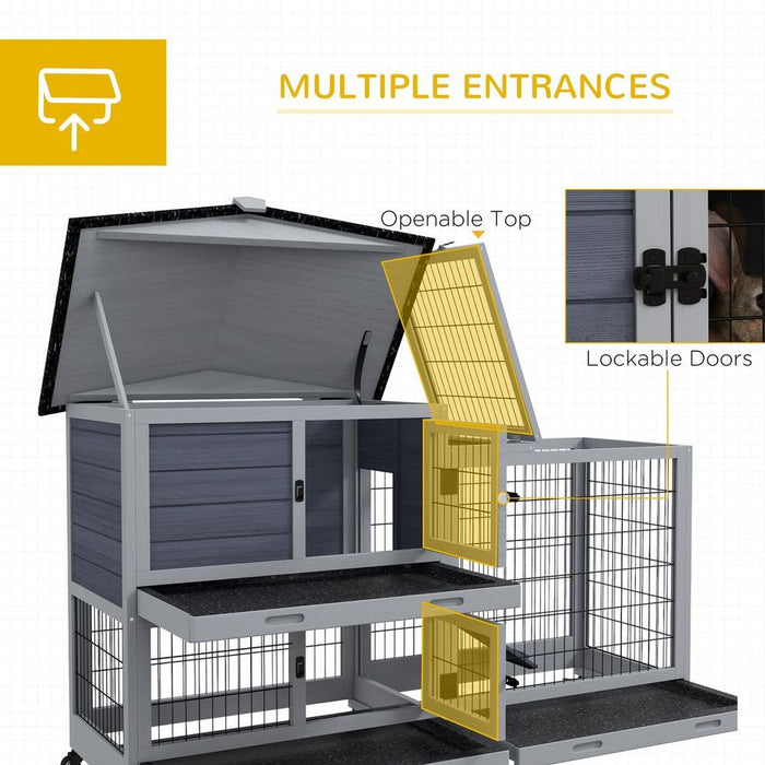 PawHut Large Rabbit hutch Outdoor Indoor w/ Wheels, Three Slide-Out Trays, Ramp