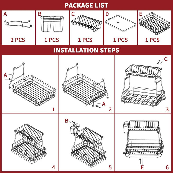 VINSANI BLACK DISH RACK 1010248 - Modern 2-Tier Design with Auto Drainage System - Large Capacity & Durable Quality - Easy Assembly