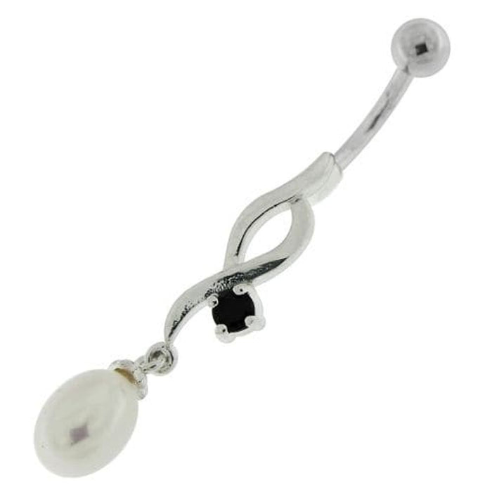 Jeweled And Pearl Silver Fancy Dangling Curved Bar Belly Ring