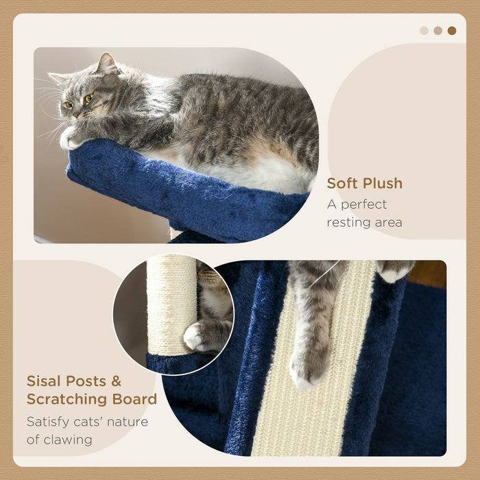 PawHut Luxury Cat Tree - Rest, Play, Scratch, & Sleep - 2 Houses, Perch, Scratching Post - Navy Blue