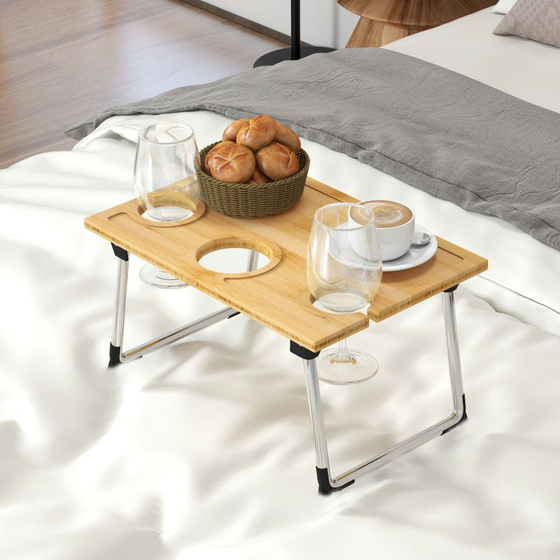 HOMCOM Foldable Wine/Table, Bamboo Picnic/Outdoor Table with Bottle/Glass Holder