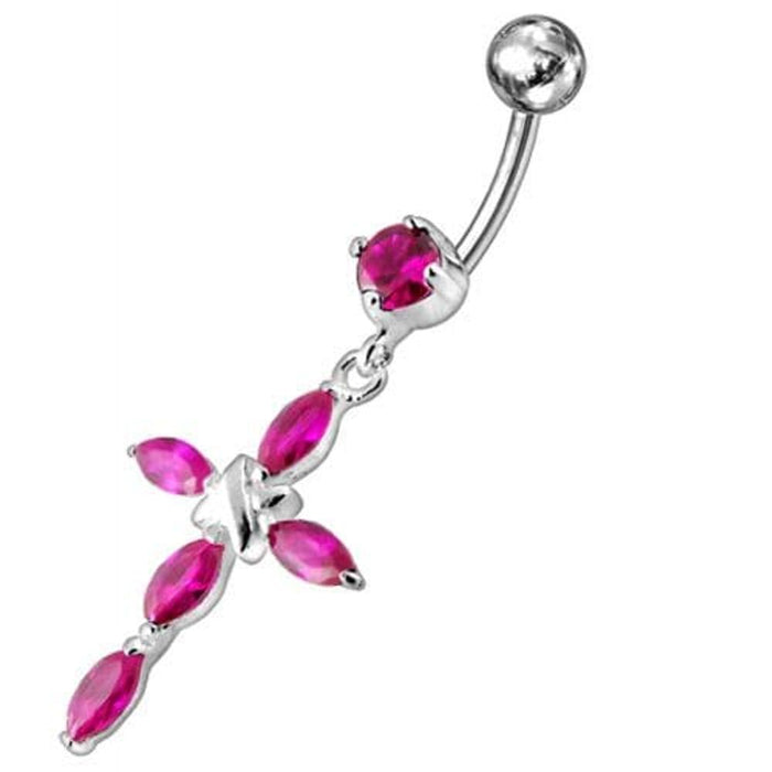 Jeweled Fancy Silver Flower Dangling SS Bar Banana Belly Ring