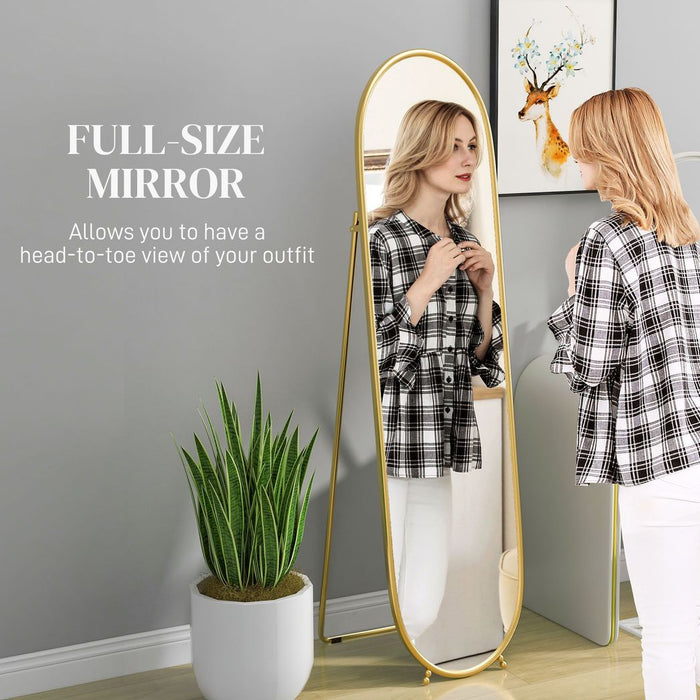 HOMCOM Oval Full Length Mirror with Metal Frame Hanging or Leaning Gold Tone