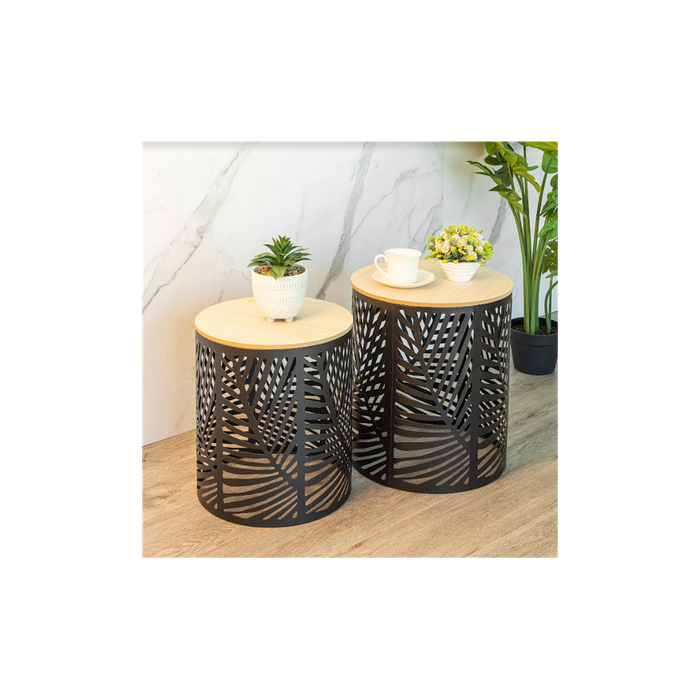 Premium Leaf Cut Basket Table Set - SLENDER - 2-Pack | Professional Quality | Iron + MDF | Classic Black