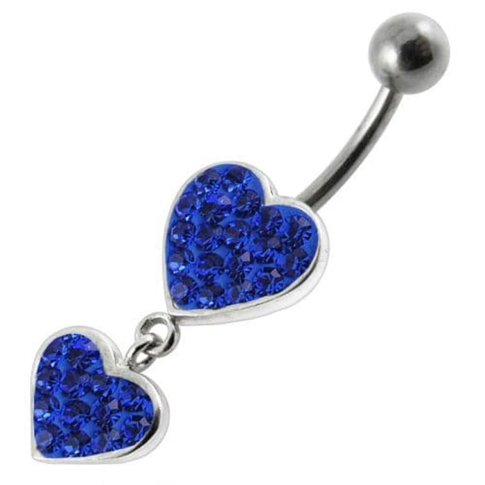 Fancy Double Red Jeweled Heart Dangling SS Bar Navel Ring