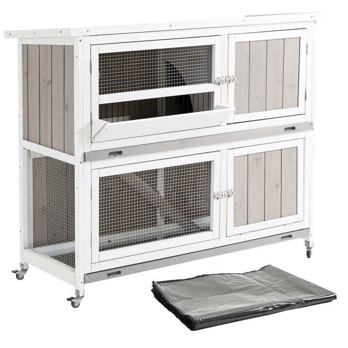 PawHut 2-Tier Double Decker Rabbit/Guinea Pig Hutch Wooden Bunny Cages with Sliding Tray, Ramp and Wheel, Cover - (Grey)