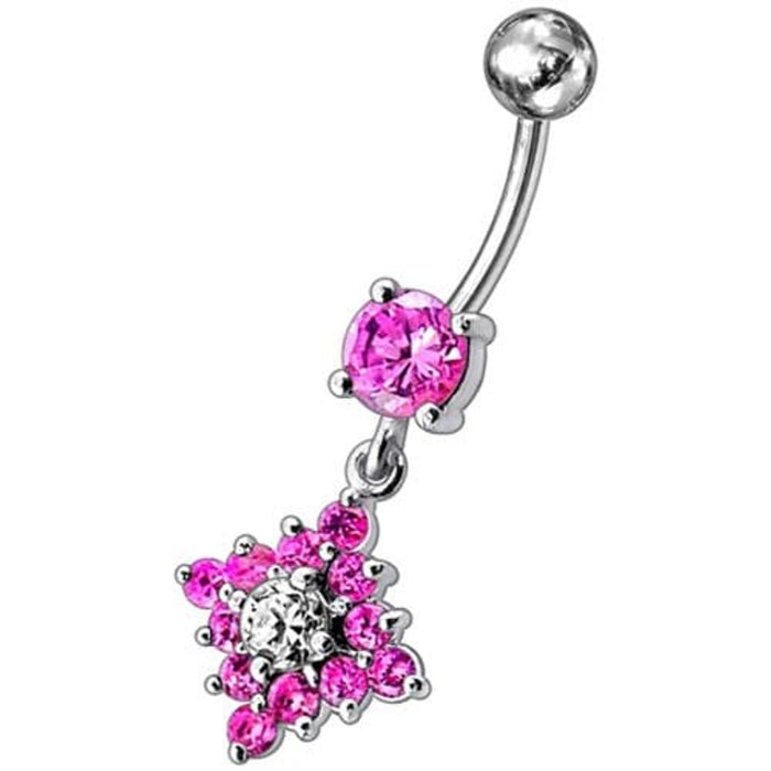 Flower Belly Navel Ring Fancy CZ Gemmed Dangle Button