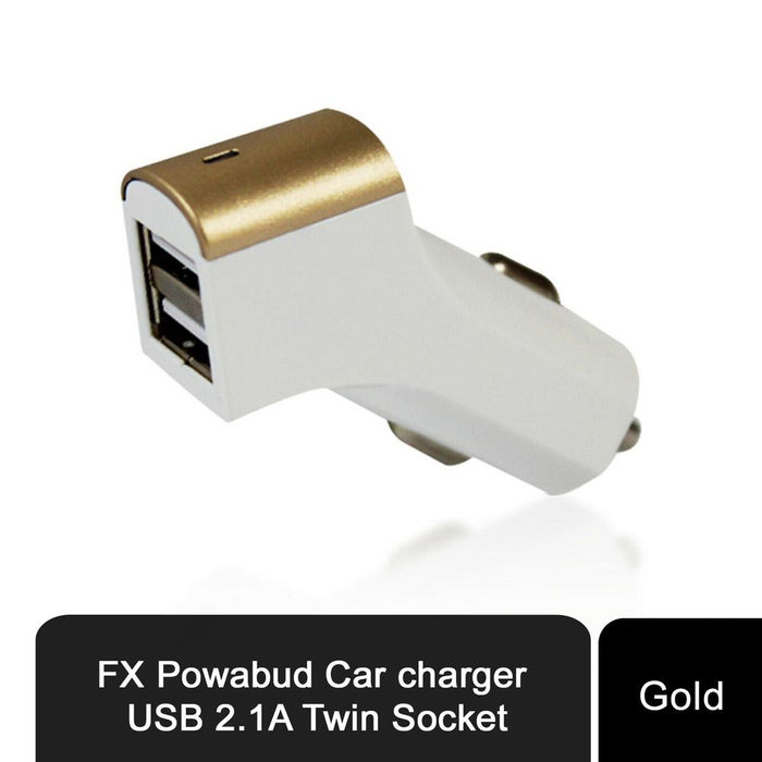 FX Powabud Twin Socket USB 2.1A Car Charger, Gold