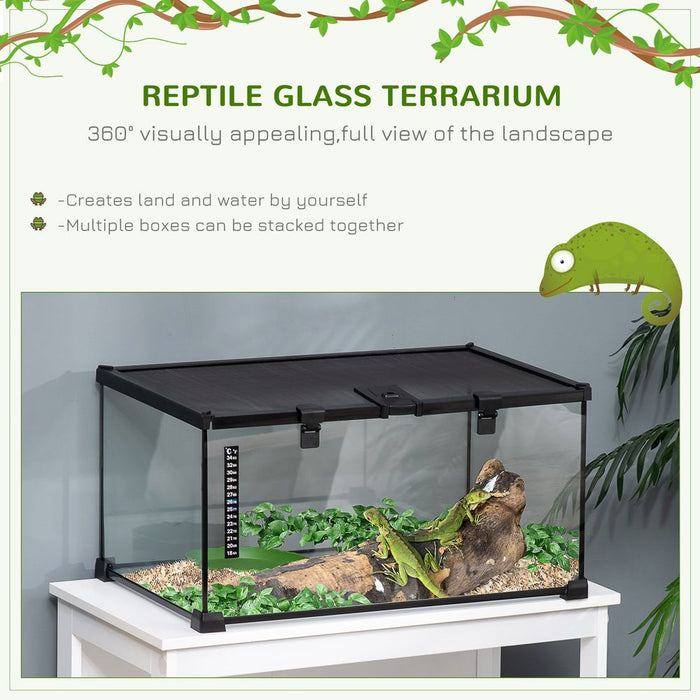 PawHut Glass Reptile Terrarium Insect Breeding Tank Vivarium Habitats with Thermometer for Lizards, Horned Frogs, Snakes, Spiders - Medium 50 x 30 x 25cm