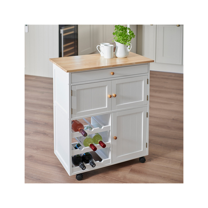 Kitchen Cart - White, Compact Storage for Appliances, Utensils, Crockery, 9-Bottle Wine Rack, Easy Assembly, Casters