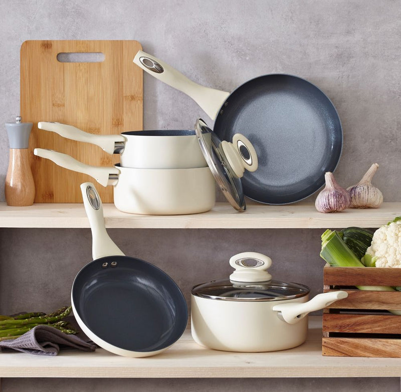 Cermalon Cream 5 Piece Cookware Set - Complete Pan Set with Tempered Glass Lids and Non-Stick Coating