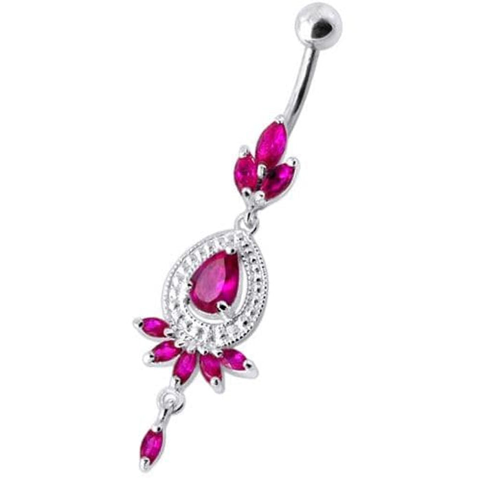 Fancy stone centered Jewel Dangling SS Bar Belly Ring