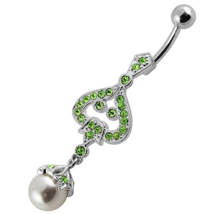 Silver Jeweled Fancy pearl Dangling With Curved SS Bar Navel Belly Ring