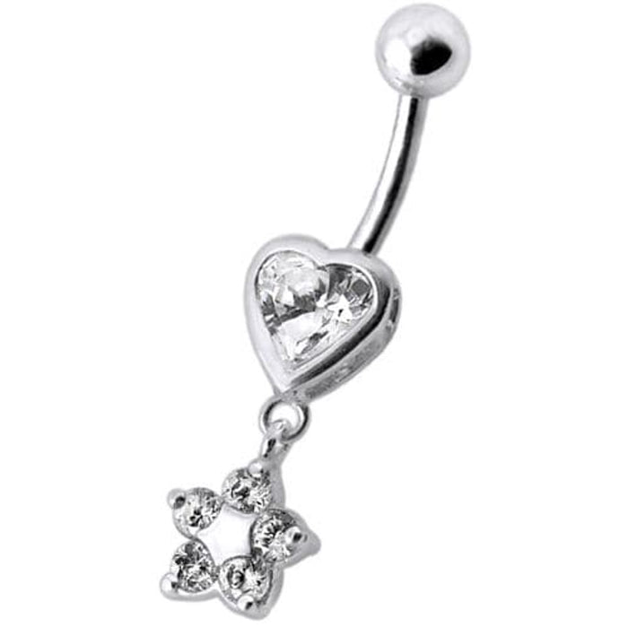 Jeweled Heart with Dangling Flower Belly Ring