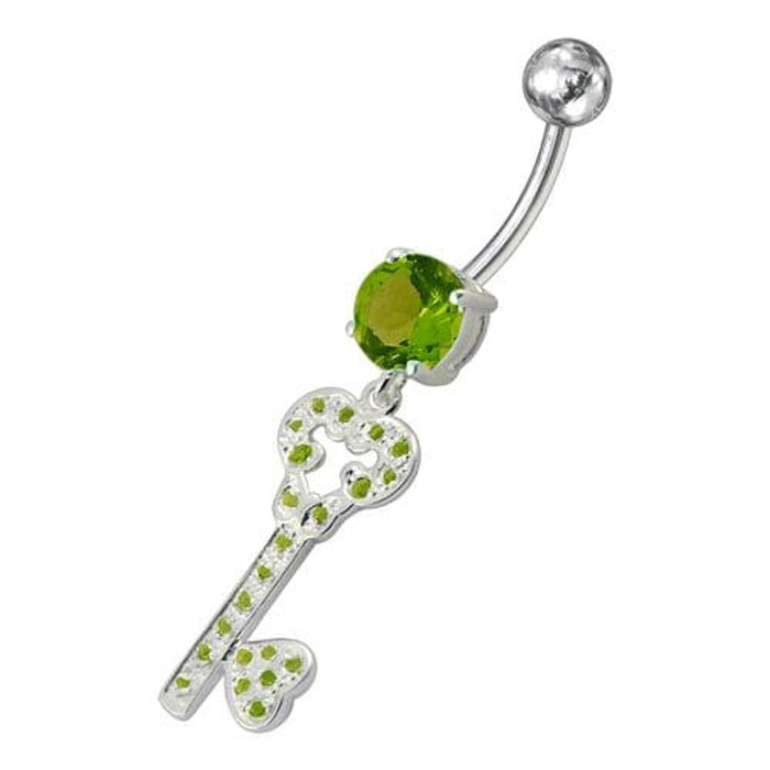 Jeweled Heart Key Dangling Belly Ring