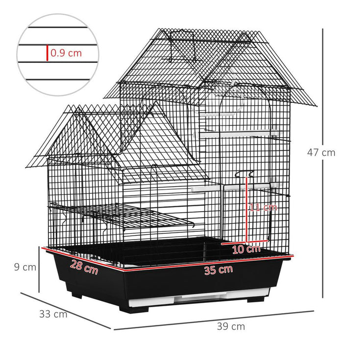 Premium Metal Bird Cage - Plastic Perch, Food Container, Swing Ring, Handle - Black