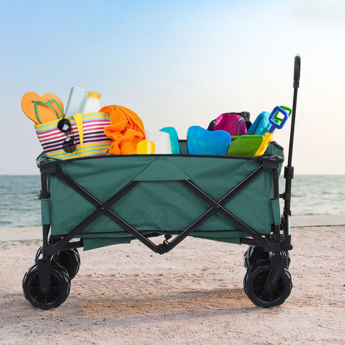 Outsunny Outdoor Folding Garden Trolley on Wheels, Pull Along Camping Cart, Cargo Wagon Trailer with Telescopic Handle, Big Wheels for Beach Garden, Green