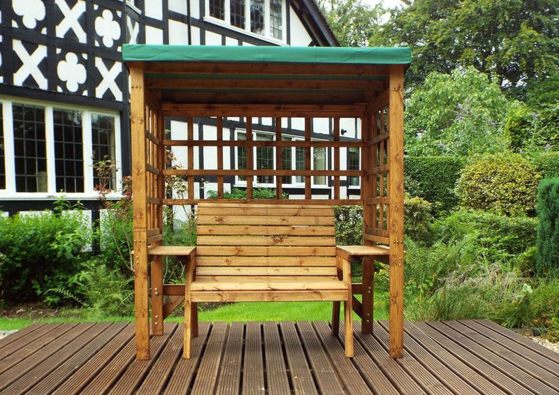 Wentworth Two Seat Arbour Green - Handcrafted, Waterproof Roof, Side Tables, Made in Britain, FSC Wood