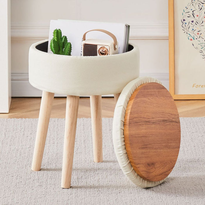 Storage Ottoman Linen Round Vanity Stool Tray Top Modern Foot Stool with Wood Legs Multifunctional Upholstered Foot Ottoman Rest for Living Room, Bathroom, Makeup White