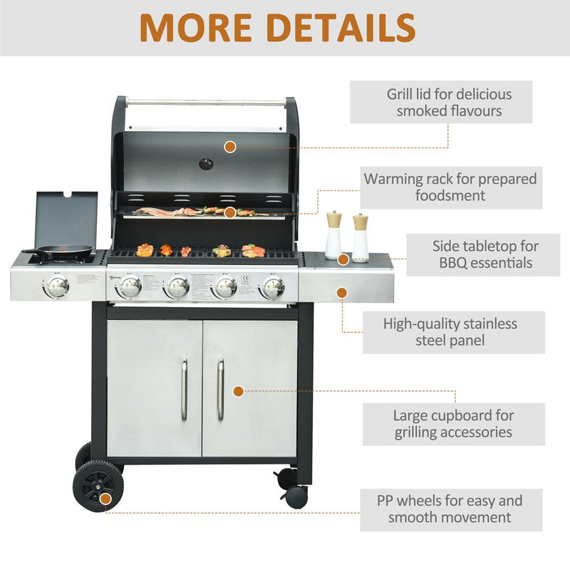 Premium Outdoor Gas BBQ Grill | 4+1 Burner Stainless Steel | 128x50x113cm | High-Quality and Durable