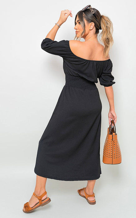 Off Shoulder Shirred Waist Mini Dress: Turn Heads with Effortless Style & Femininity. Perfect for Summer Days/Nights. Various Vibrant Colors. Made from High-Quality Fabric. Dress Up or Down for Endless Possibilities. Be Stylish, Comfortable & Chic.