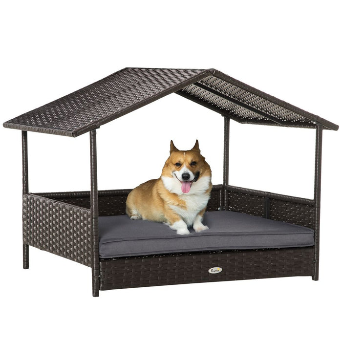 PawHut Wicker Dog House - Grey, with Soft Cushion, Outdoor Pet Bed