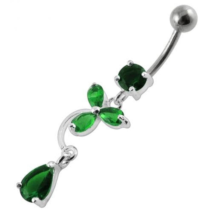 Fancy Flower Jeweled Dangling Banana Bar Belly Ring