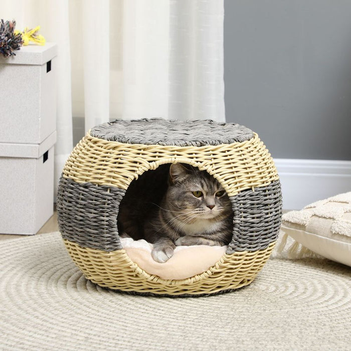 PawHut Wicker Cat House, Rattan Raised Cat Bed - Best Quality, Comfy Cushion - 40x30cm