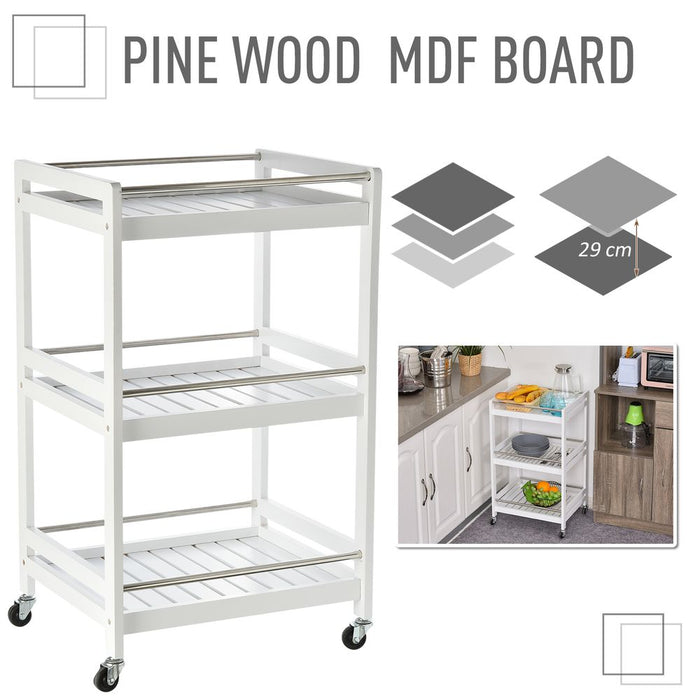 Premium Pine Wood 3-Tier Kitchen Trolley | Spacious & Portable Storage Solution