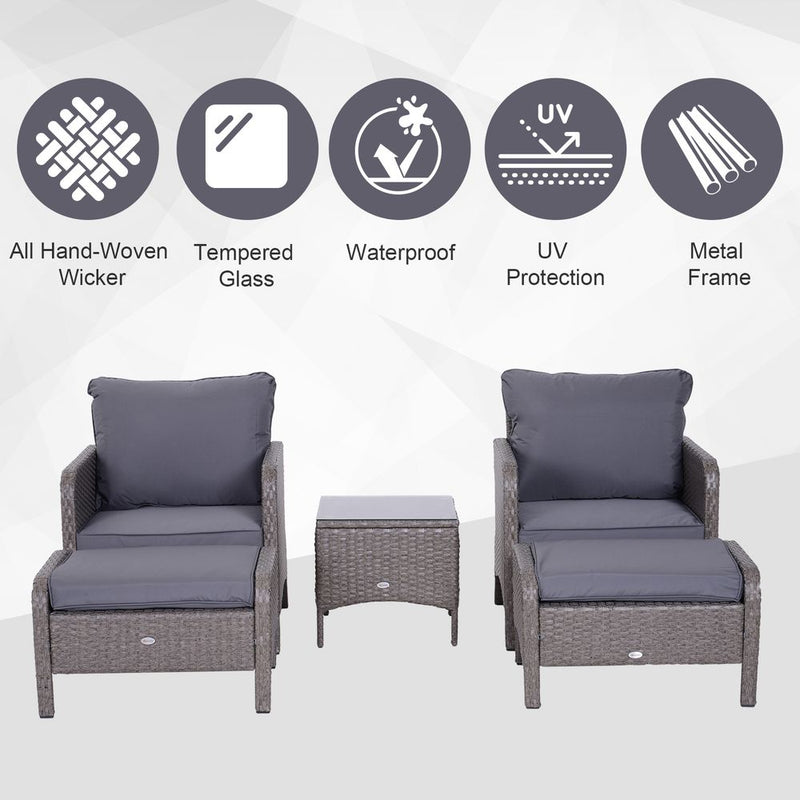Premium Rattan Furniture Set - 5 Pcs, Steel Frame, Grey