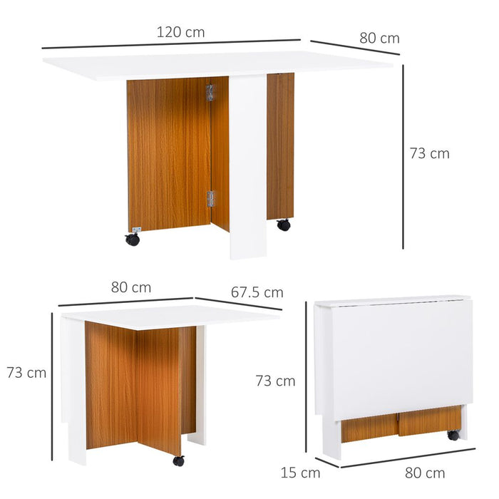 Folding Drop Leaf Table Dining Mobile Desk - Teak/White. 6-seater converts to 4-seater. Space-saving storage. Easy to move. Stylish blend.