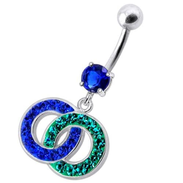 Fancy Multi Colored Stone Studded Crossed O Dangling SS Bar Belly Ring