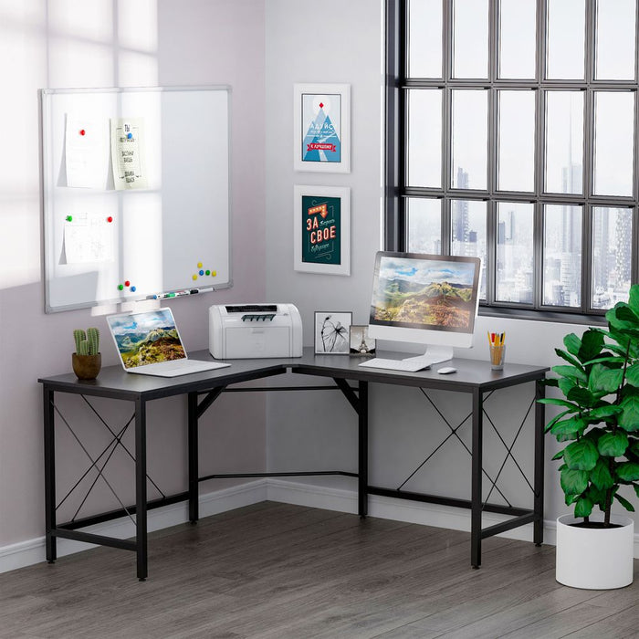 Black Corner L-Shape Desk - Home Office Gaming PC Workstation - Space-Saving Design - 3 Worktops - Steel Frame - Water Resistant - Adjustable Feet