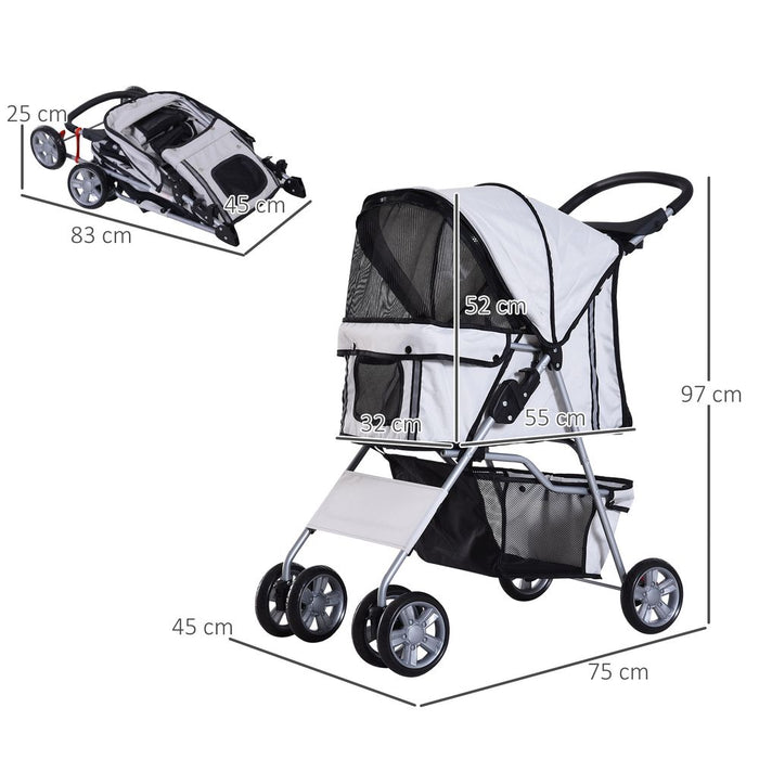 Pet Stroller Cat Dog Basket Zipper Entry Fold Cup Holder Carrier Cart Grey